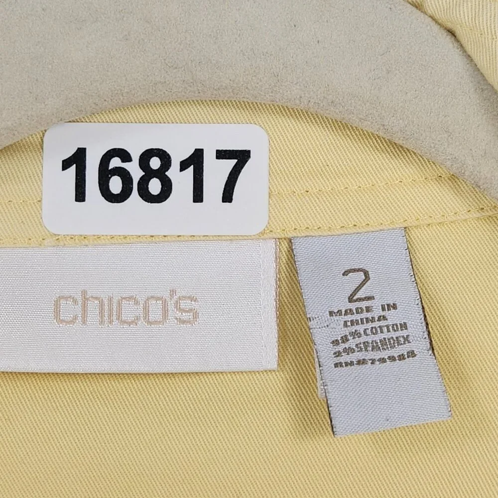 Chicos Jacket Womens 2 Yellow 12 Snap Front Ruffle Utility Casual Classic